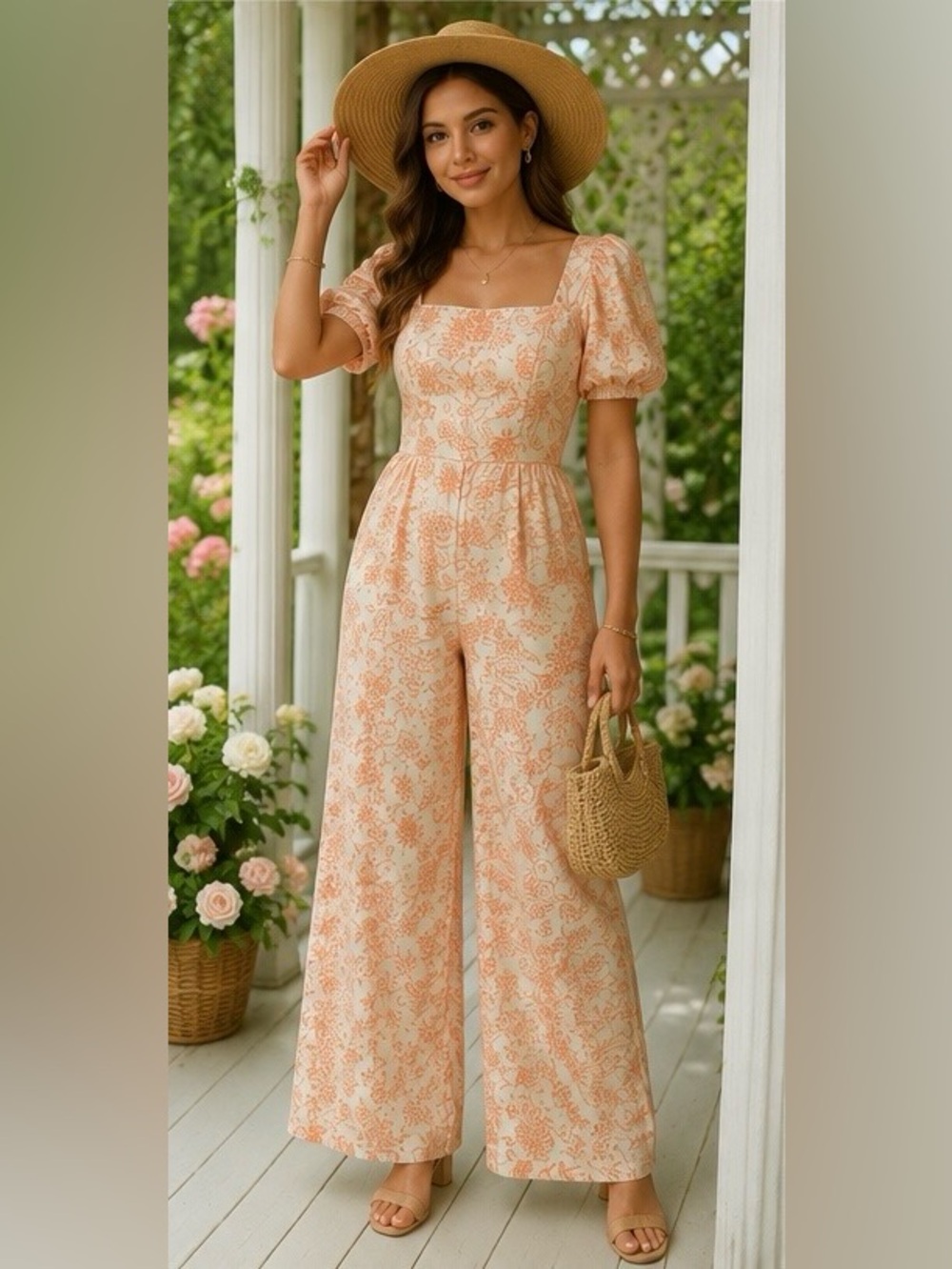 Handmade Peach Floral Wide Leg Jumpsuit Cottagecore Puff Sleeve
